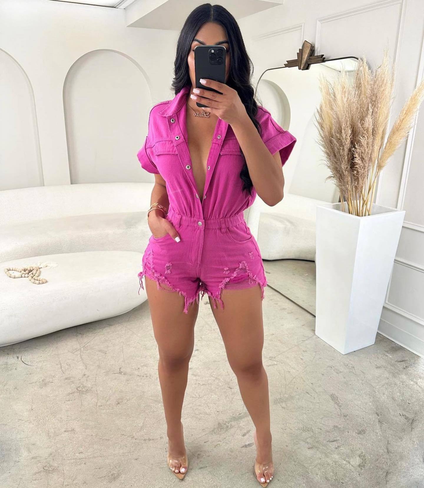 LADIES DENIM JUMPSUIT / ROMPER / PLAYSUIT PINK / BROWN (SIZE S - L)