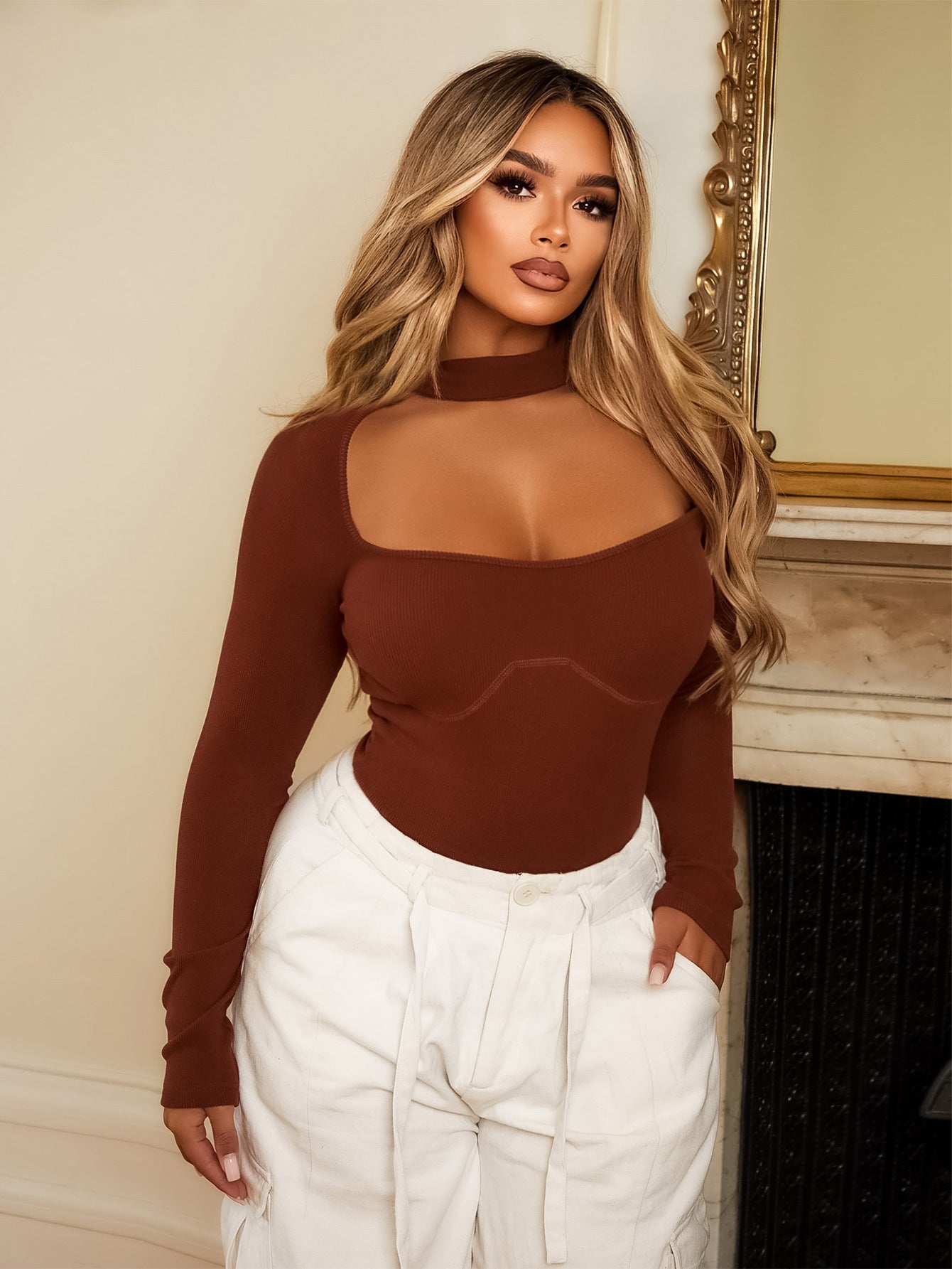 LADIES LONG SLEEVE BODYSUIT BROWN (SIZE S - L)