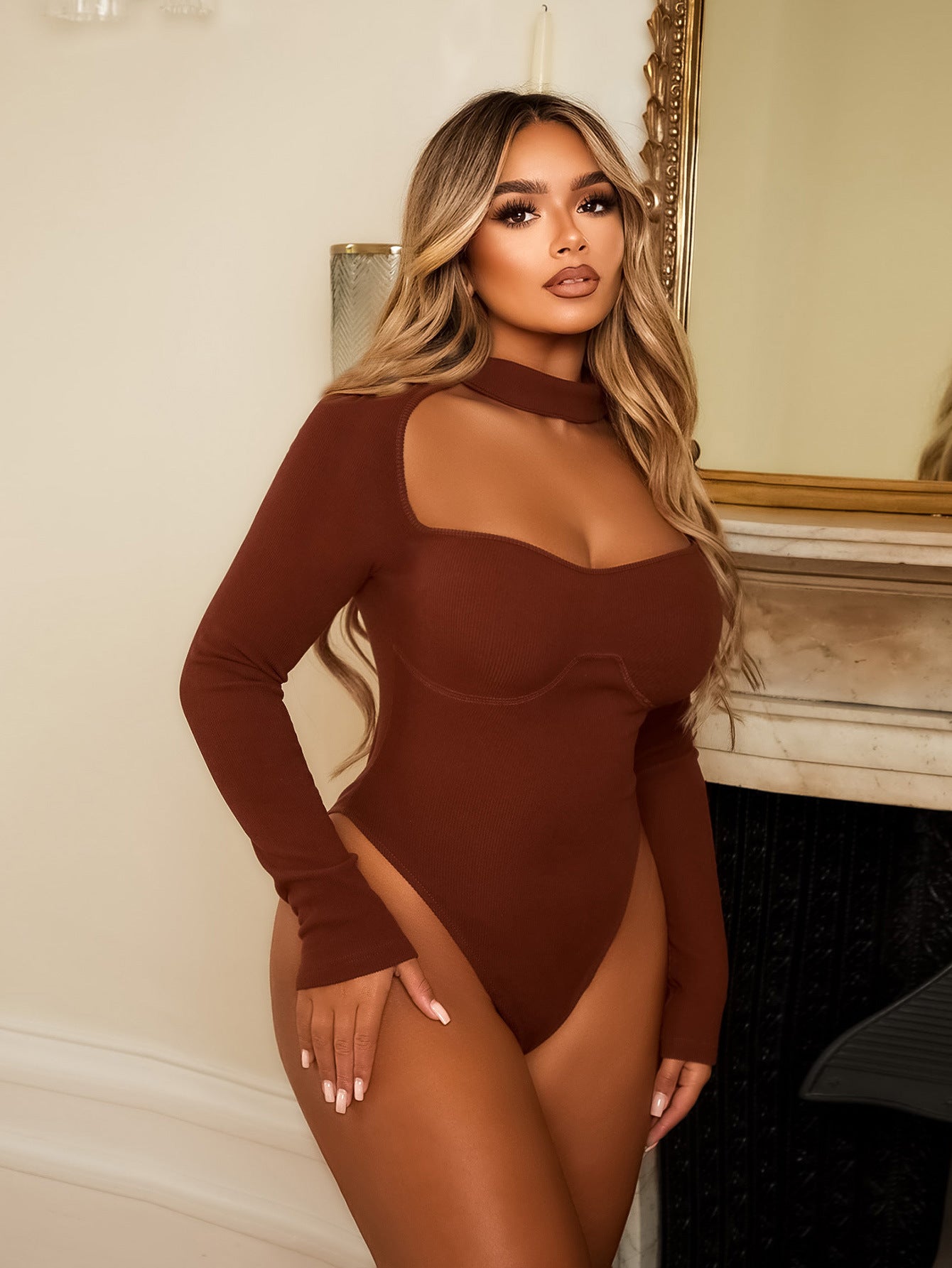 LADIES LONG SLEEVE BODYSUIT BROWN (SIZE S - L)