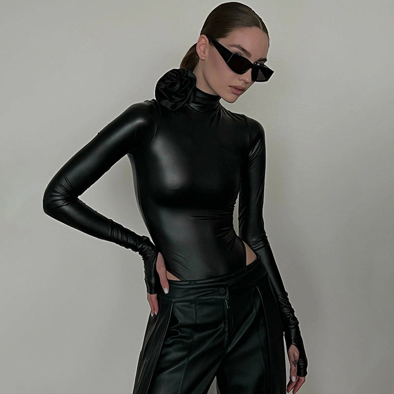 LADIES PU LEATHER BODYSUIT BLACK (SIZE S - L)
