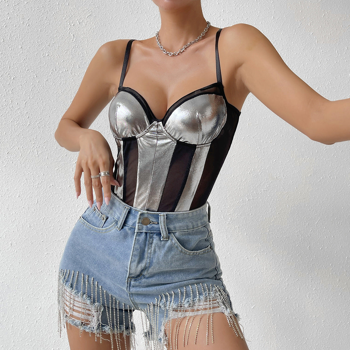 LADIES BODYSUIT SILVER / RED (SIZE XS - L)
