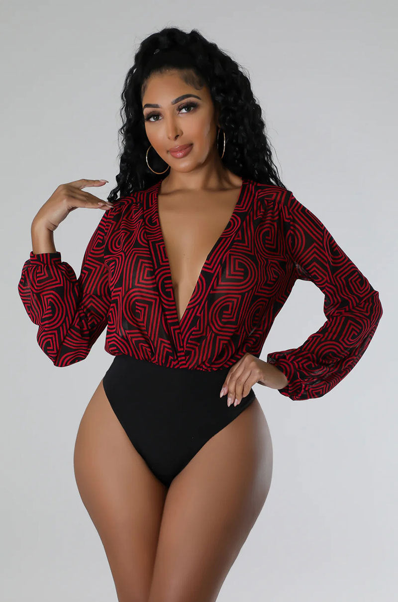 LADIES LONG SLEEVE BODYSUIT RED / BROWN (SIZE S - 2XL)