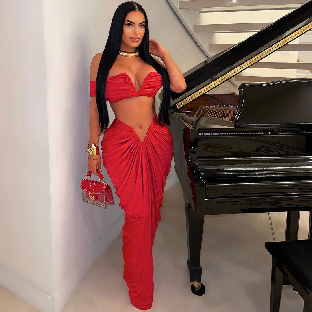 LADIES 2 PIECE CROP TOP AND SKIRT SET BLACK / COFFEE / RED (SIZE S - 3XL)