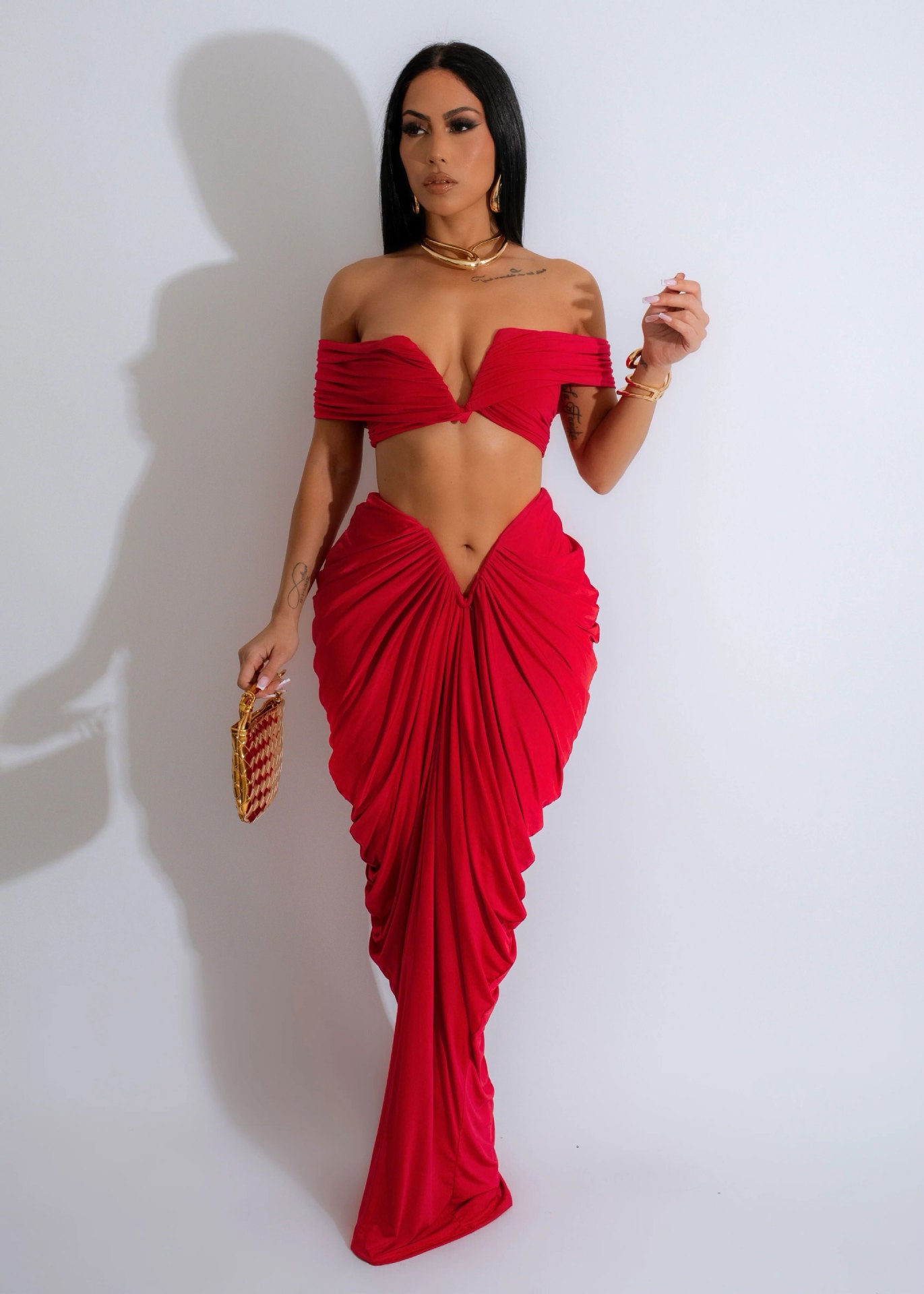 LADIES 2 PIECE CROP TOP AND SKIRT SET BLACK / COFFEE / RED (SIZE S - 3XL)