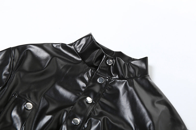 LADIES PU LEATHER SKIRT & TOP SET BLACK (SIZE S - L)