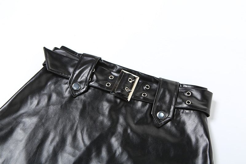 LADIES PU LEATHER SKIRT & TOP SET BLACK (SIZE S - L)