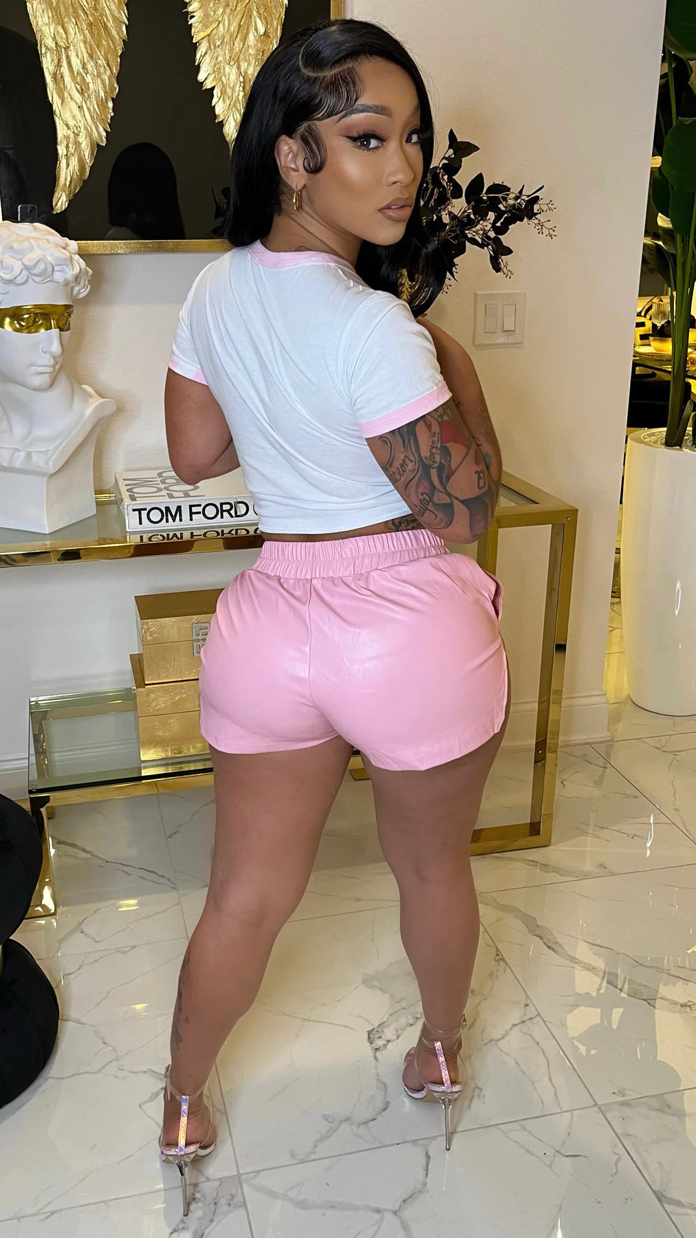 LADIES TWO PIECE SHORTS SET WHITE-PINK (SIZE S - XL)