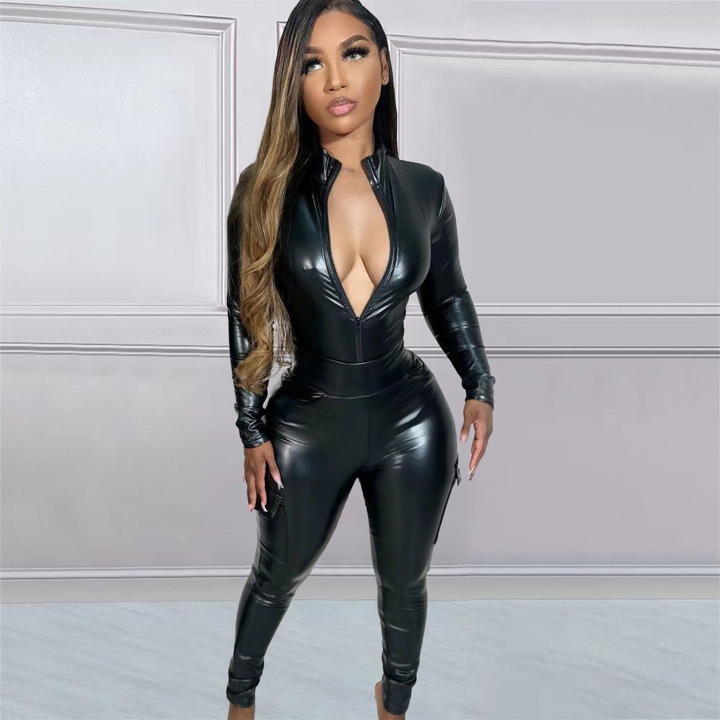 LADIES TWO PIECE PU LEATHER PANTS SET BLACK (SIZE S - 2XL)