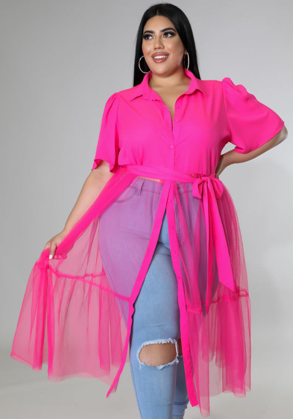 LADIES PLUS SIZE LONG BLOUSE WITH BELT WHITE / PINK / BLACK (SIZE XL - 5XL)
