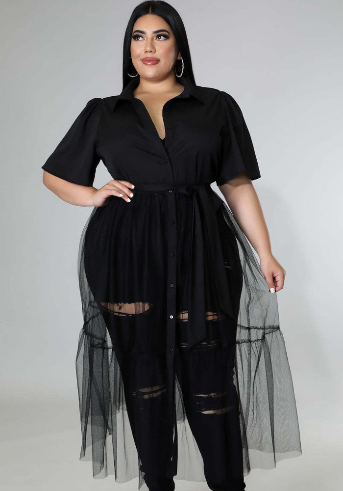LADIES PLUS SIZE LONG BLOUSE WITH BELT WHITE / PINK / BLACK (SIZE XL - 5XL)