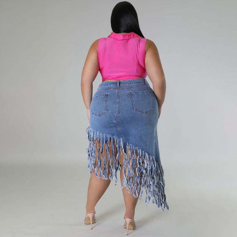 LADIES PLUS SIZE DENIM SKIRT LIGHT BLUE / BLACK (SIZE XL - 5XL)
