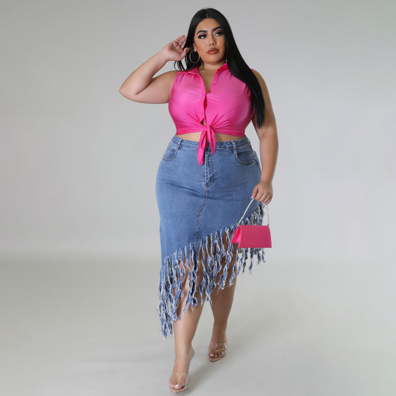 LADIES PLUS SIZE DENIM SKIRT LIGHT BLUE / BLACK (SIZE XL - 5XL)