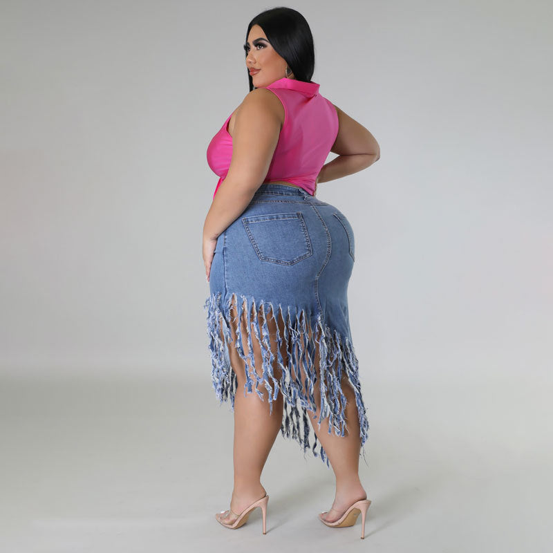LADIES PLUS SIZE DENIM SKIRT LIGHT BLUE / BLACK (SIZE XL - 5XL)