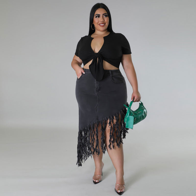 LADIES PLUS SIZE DENIM SKIRT LIGHT BLUE / BLACK (SIZE XL - 5XL)