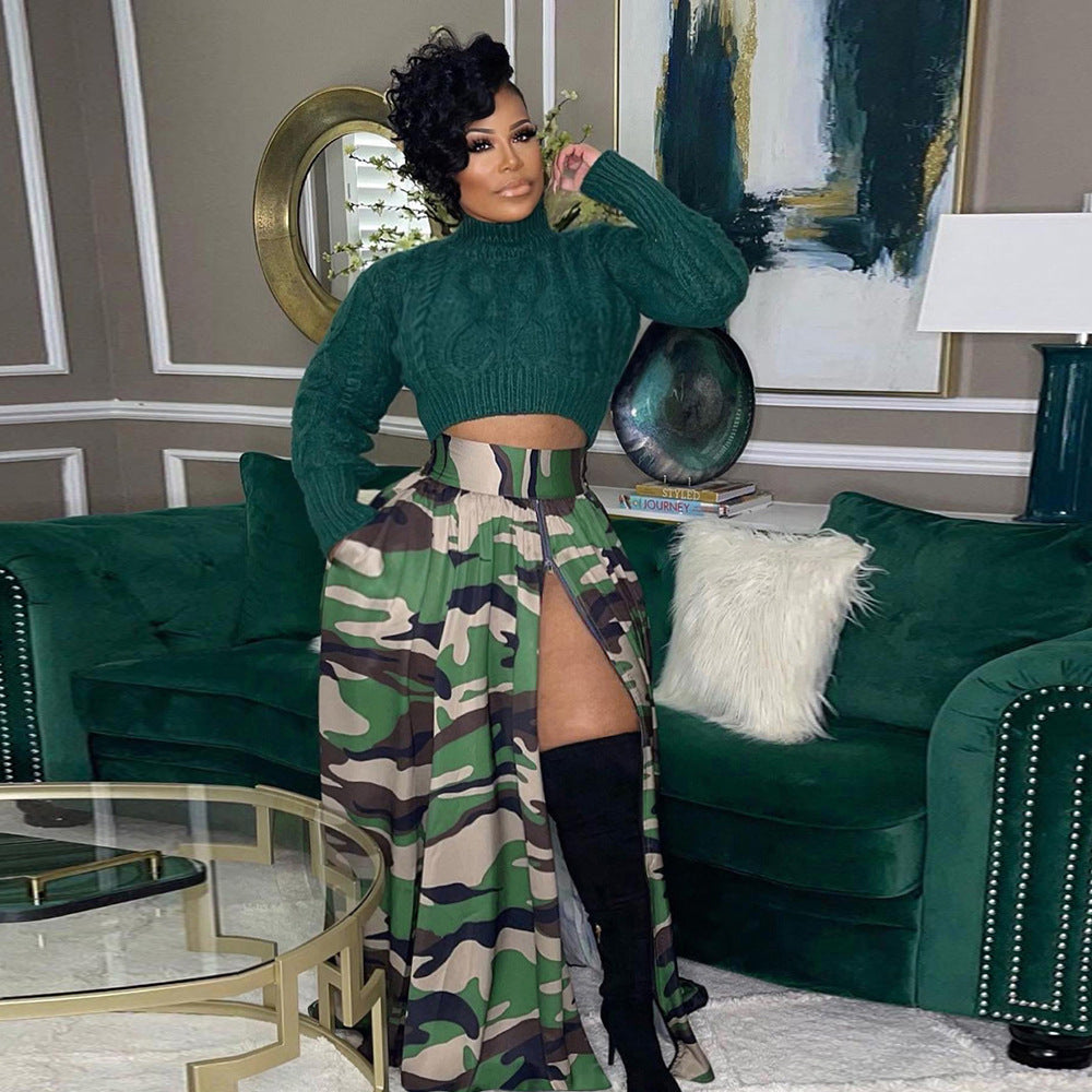 PLUS SIZE CAMO SKIRT WITH SLIT GREEN / GRAY / PURPLE / BLUE / RED (SIZE L - 4XL)