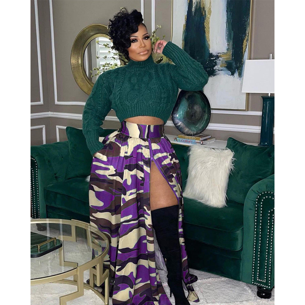 PLUS SIZE CAMO SKIRT WITH SLIT GREEN / GRAY / PURPLE / BLUE / RED (SIZE L - 4XL)