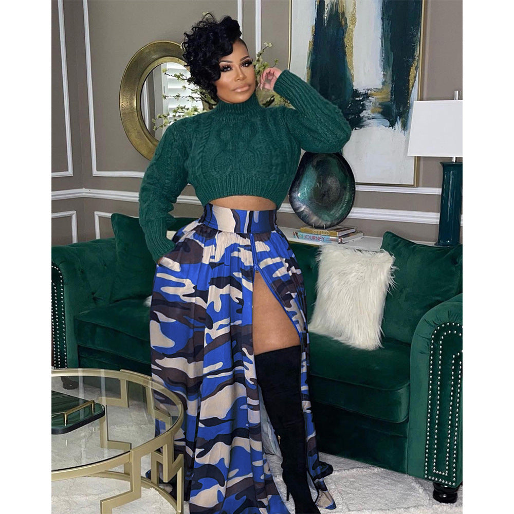 PLUS SIZE CAMO SKIRT WITH SLIT GREEN / GRAY / PURPLE / BLUE / RED (SIZE L - 4XL)