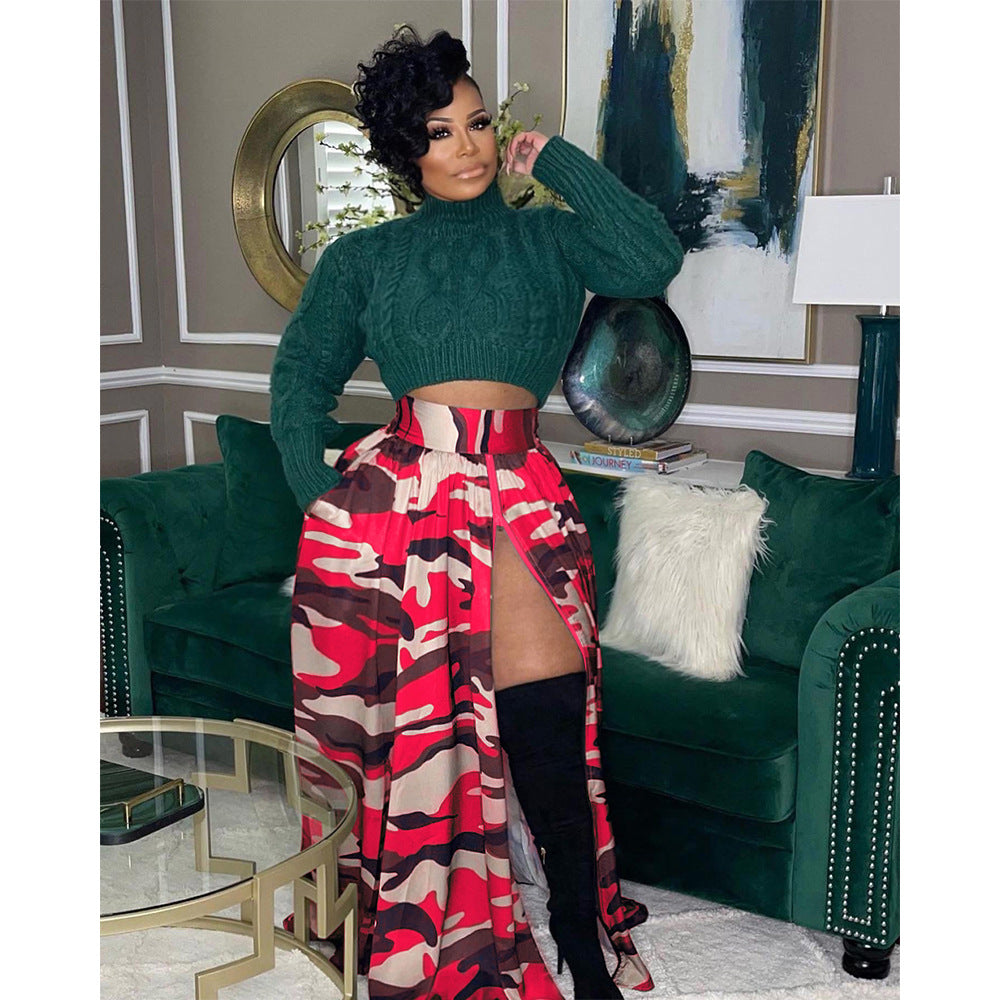 PLUS SIZE CAMO SKIRT WITH SLIT GREEN / GRAY / PURPLE / BLUE / RED (SIZE L - 4XL)