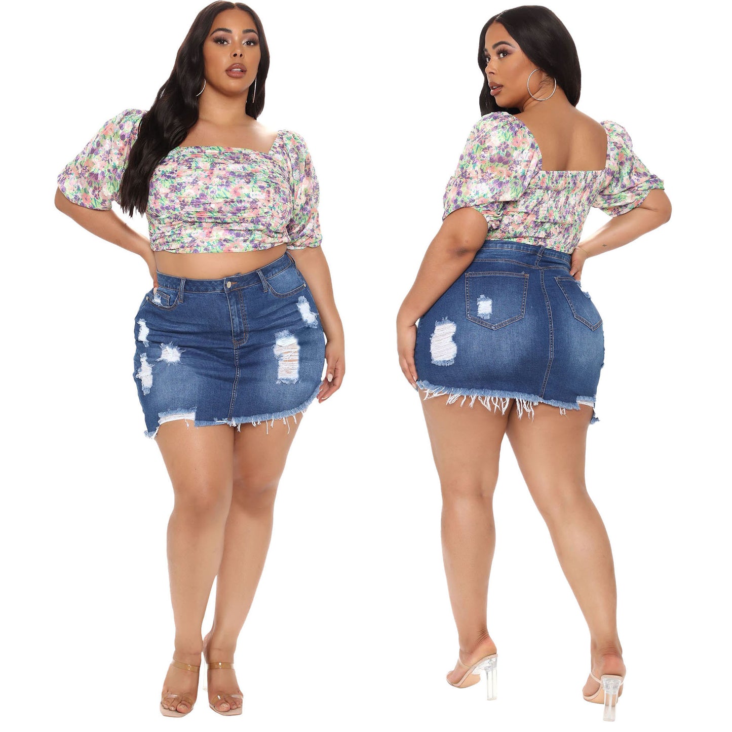 LADIES HIGH WAIST DENIM SKIRT BLACK / DARK BLUE / BLUE / LIGHT BLUE (SIZE XL - 5XL)