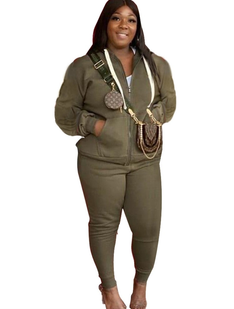 LADIES PLUS SIZE TWO PIECE TRACKSUIT ARMY GREEN / GRAY / BLACK (SIZE L - 4XL)