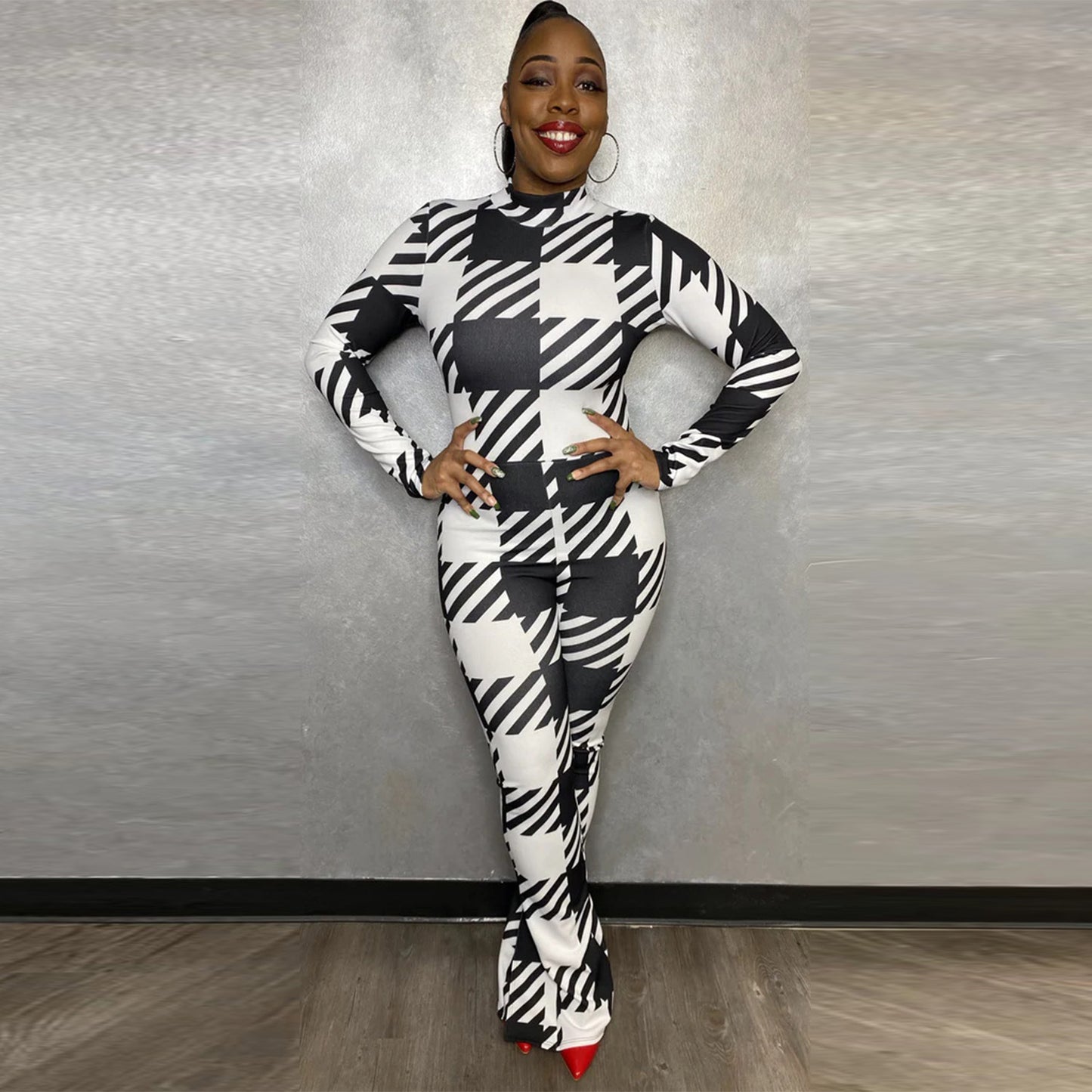 LADIES PLUS SIZE JUMPSUIT WHITE / WINE RED (SIZE XL - 5XL)