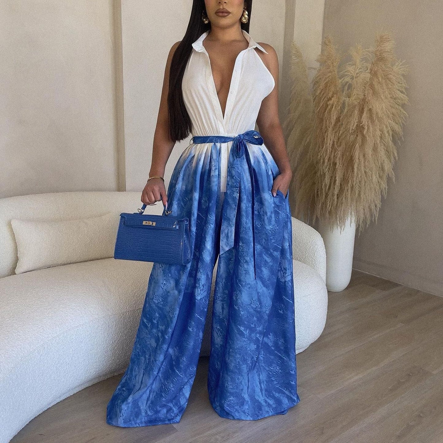 LADIES PLUS SIZE JUMPSUIT YELLOW / BLUE (SIZE L - 3XL)