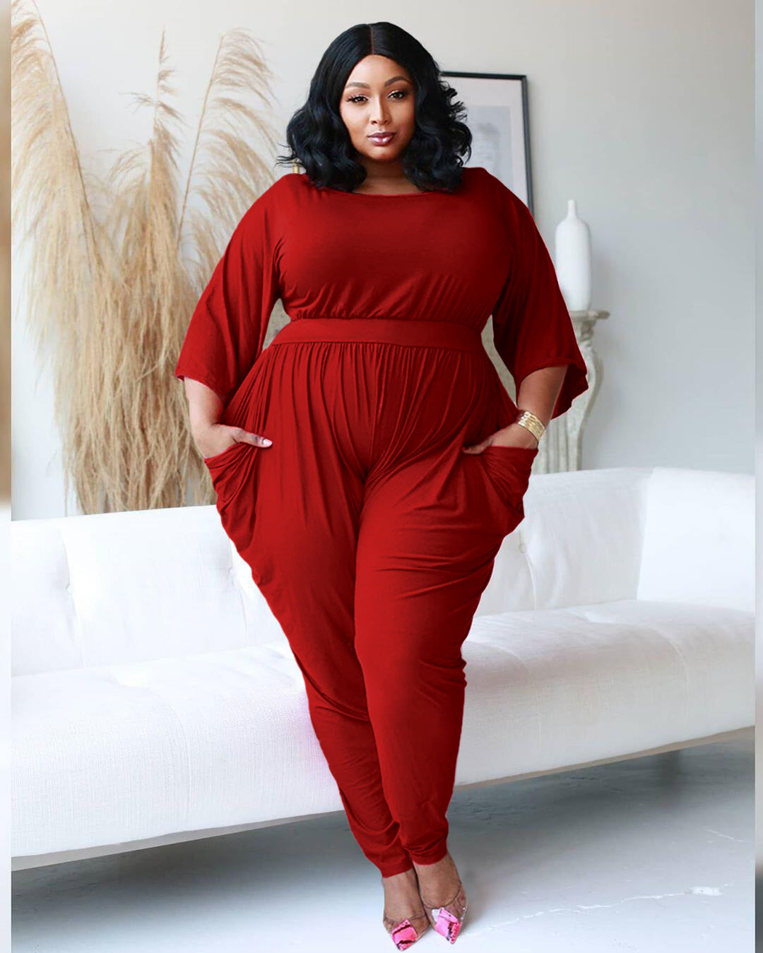 LADIES PLUS SIZE JUMPSUIT BLACK / RED / PINK-PURPLE (SIZE L - 5XL)
