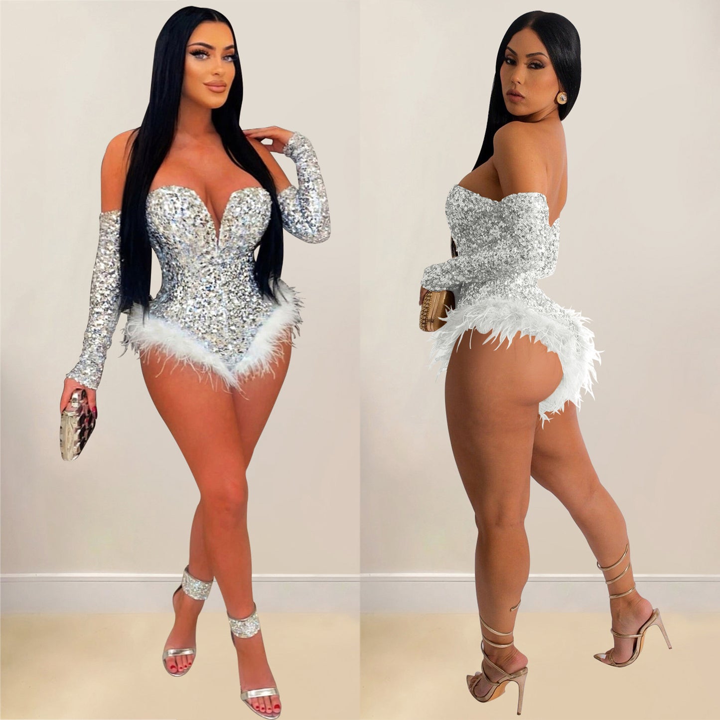 LADIES PLUS SIZE SEQUINED JUMPSUIT BODYSUIT BLACK / BLUE / RED / GOLD / SILVER (SIZE S - 2XL)