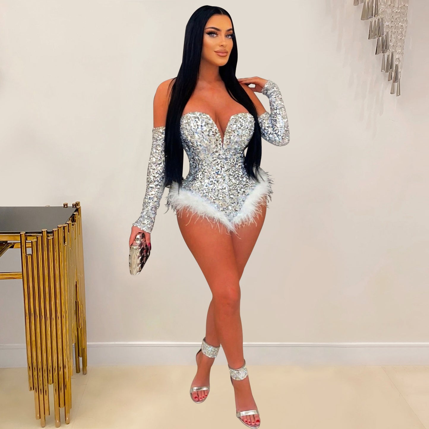 LADIES PLUS SIZE SEQUINED JUMPSUIT BODYSUIT BLACK / BLUE / RED / GOLD / SILVER (SIZE S - 2XL)