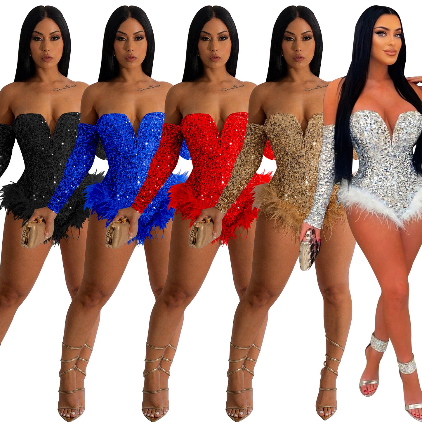 LADIES PLUS SIZE SEQUINED JUMPSUIT BODYSUIT BLACK / BLUE / RED / GOLD / SILVER (SIZE S - 2XL)