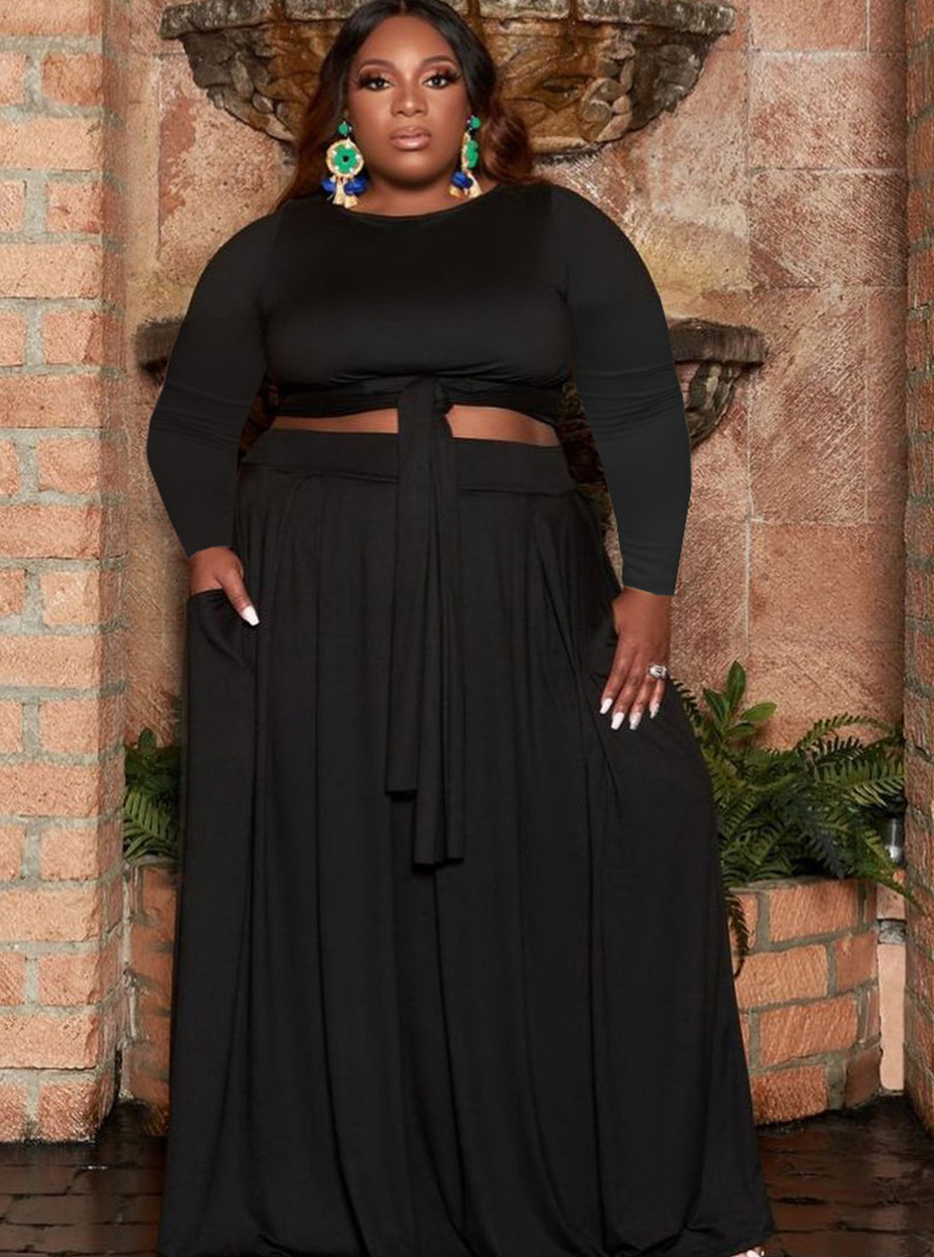 LADIES PLUS SIZE TWO PIECE SKIRT SET BLACK (SIZE L - 5XL)