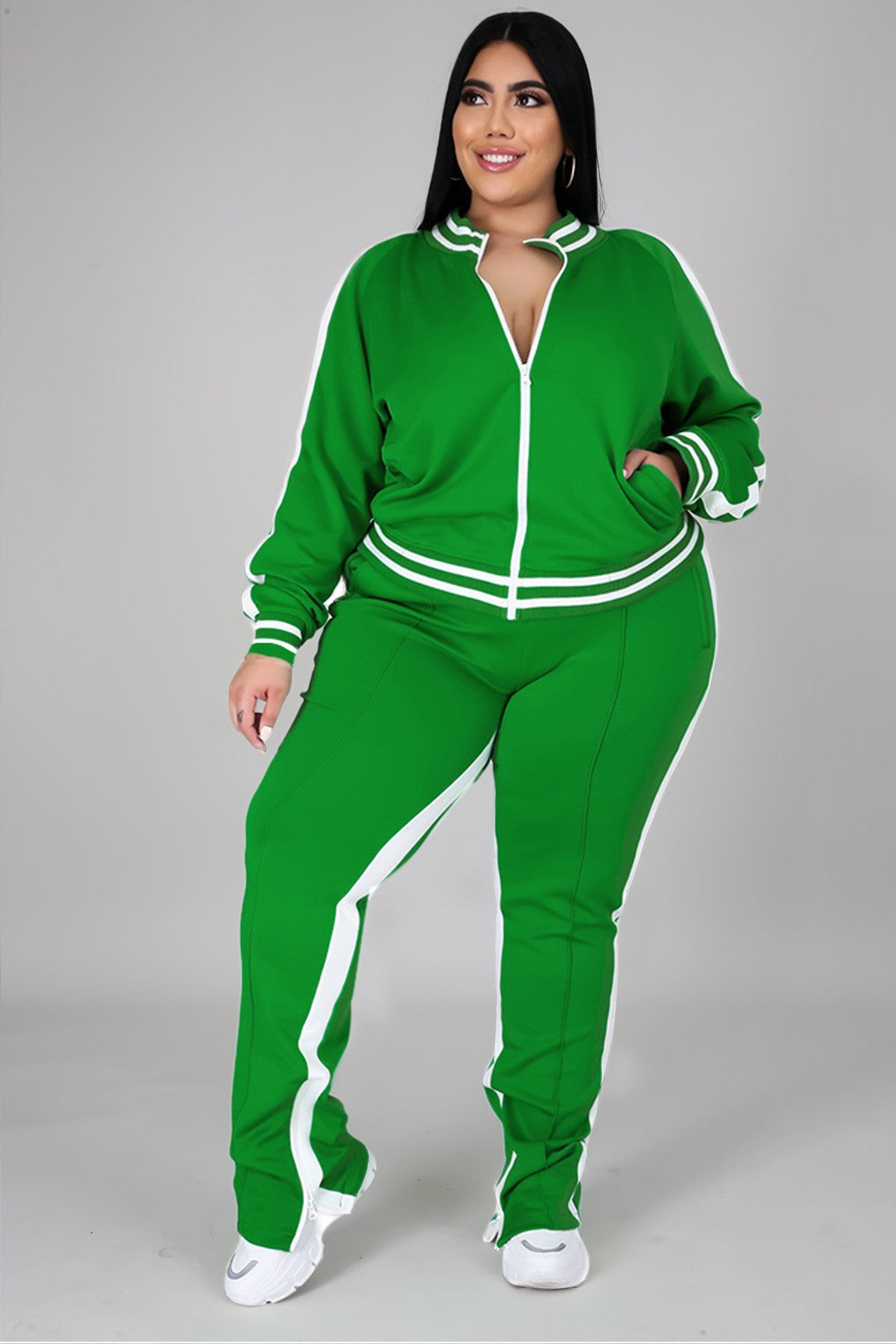 LADIES PLUS SIZE TWO PIECE TRACKSUIT SET BLACK / GREEN (SIZE XL - 4XL)