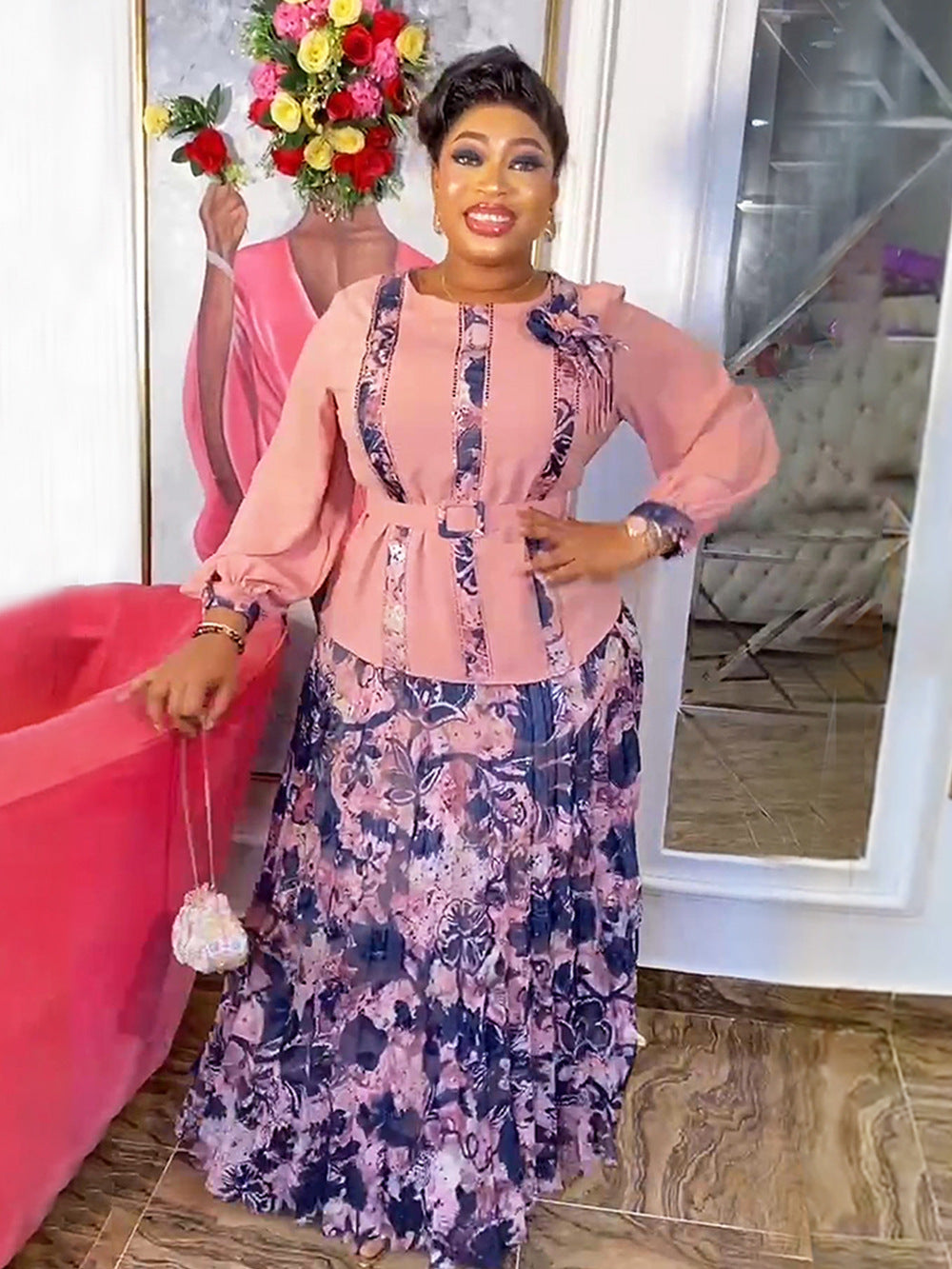 LADIES PLUS SIZE TWO PIECE SKIRT & TOP SET LIGHT BLUE / PINK / TURQUOISE GREEN / DARK BLUE / ORANGE-YELLOW (SIZE L - 3XL)