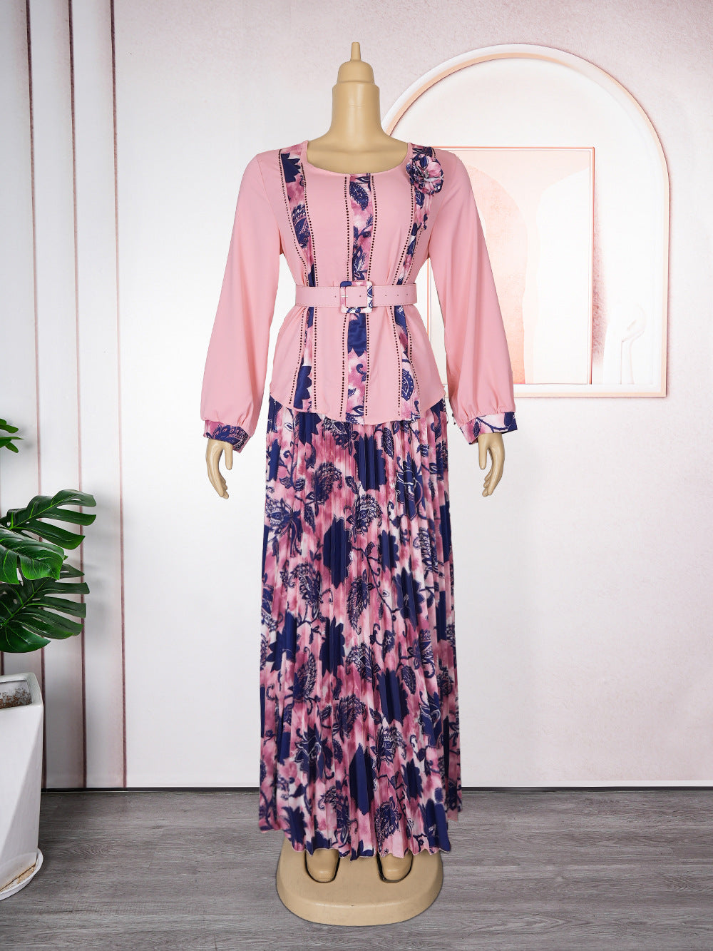 LADIES PLUS SIZE TWO PIECE SKIRT & TOP SET LIGHT BLUE / PINK / TURQUOISE GREEN / DARK BLUE / ORANGE-YELLOW (SIZE L - 3XL)