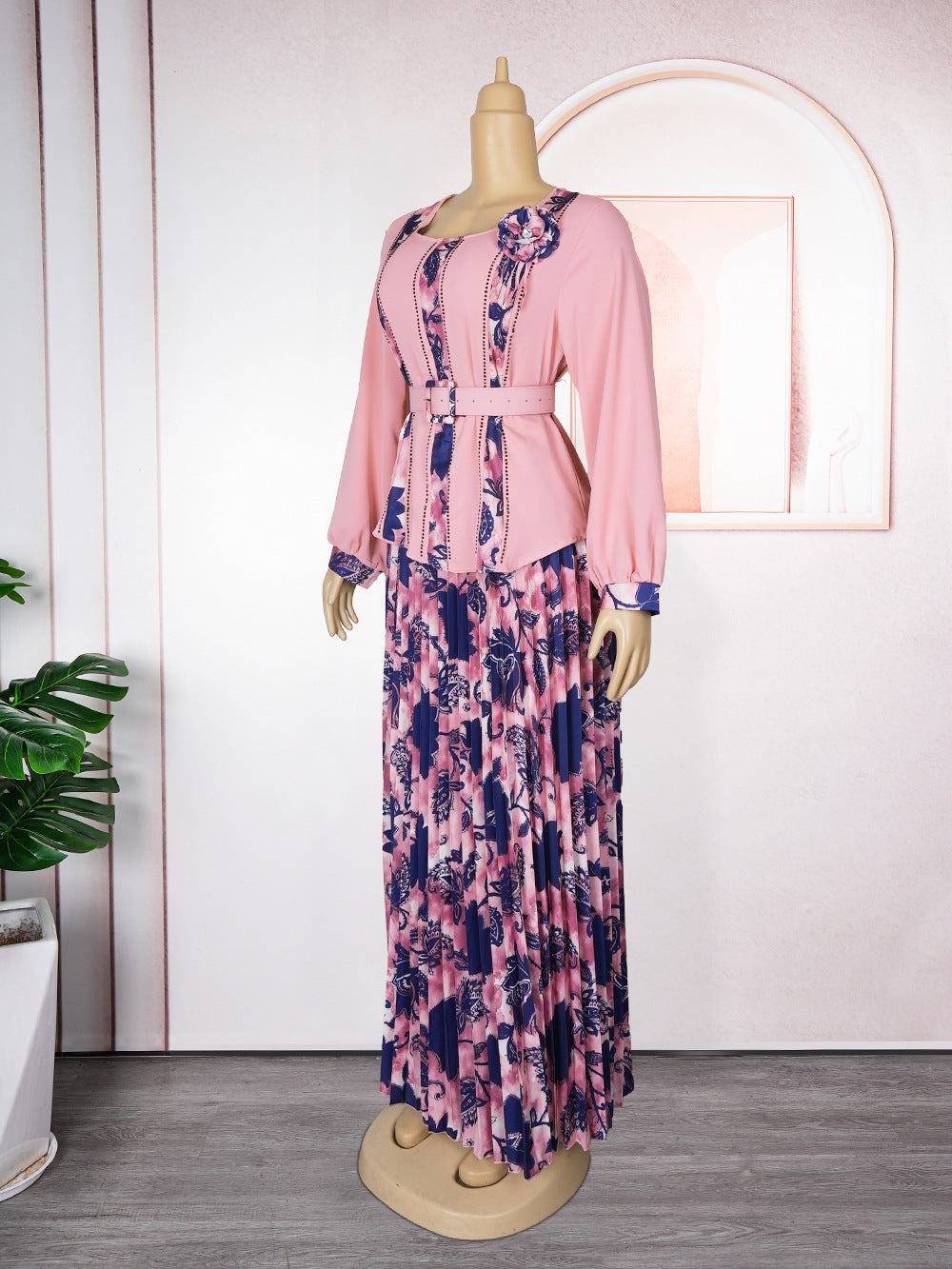 LADIES PLUS SIZE TWO PIECE SKIRT & TOP SET LIGHT BLUE / PINK / TURQUOISE GREEN / DARK BLUE / ORANGE-YELLOW (SIZE L - 3XL)