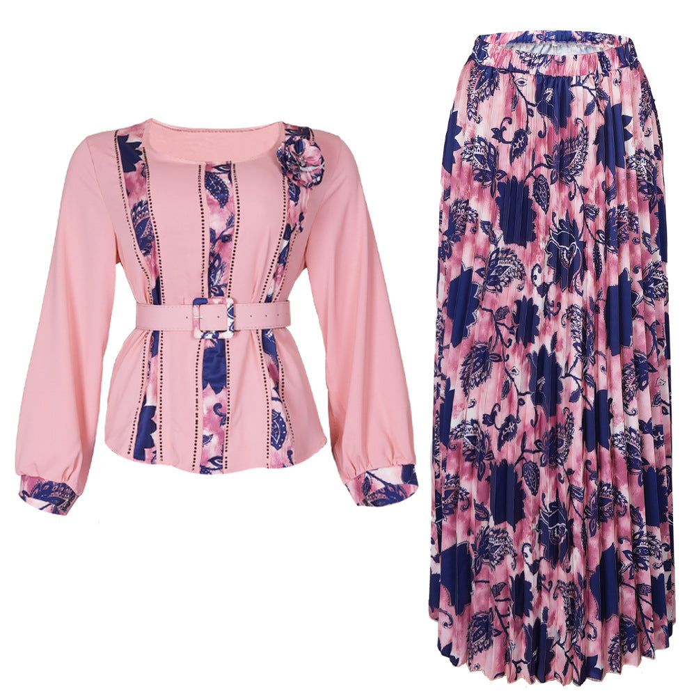 LADIES PLUS SIZE TWO PIECE SKIRT & TOP SET LIGHT BLUE / PINK / TURQUOISE GREEN / DARK BLUE / ORANGE-YELLOW (SIZE L - 3XL)