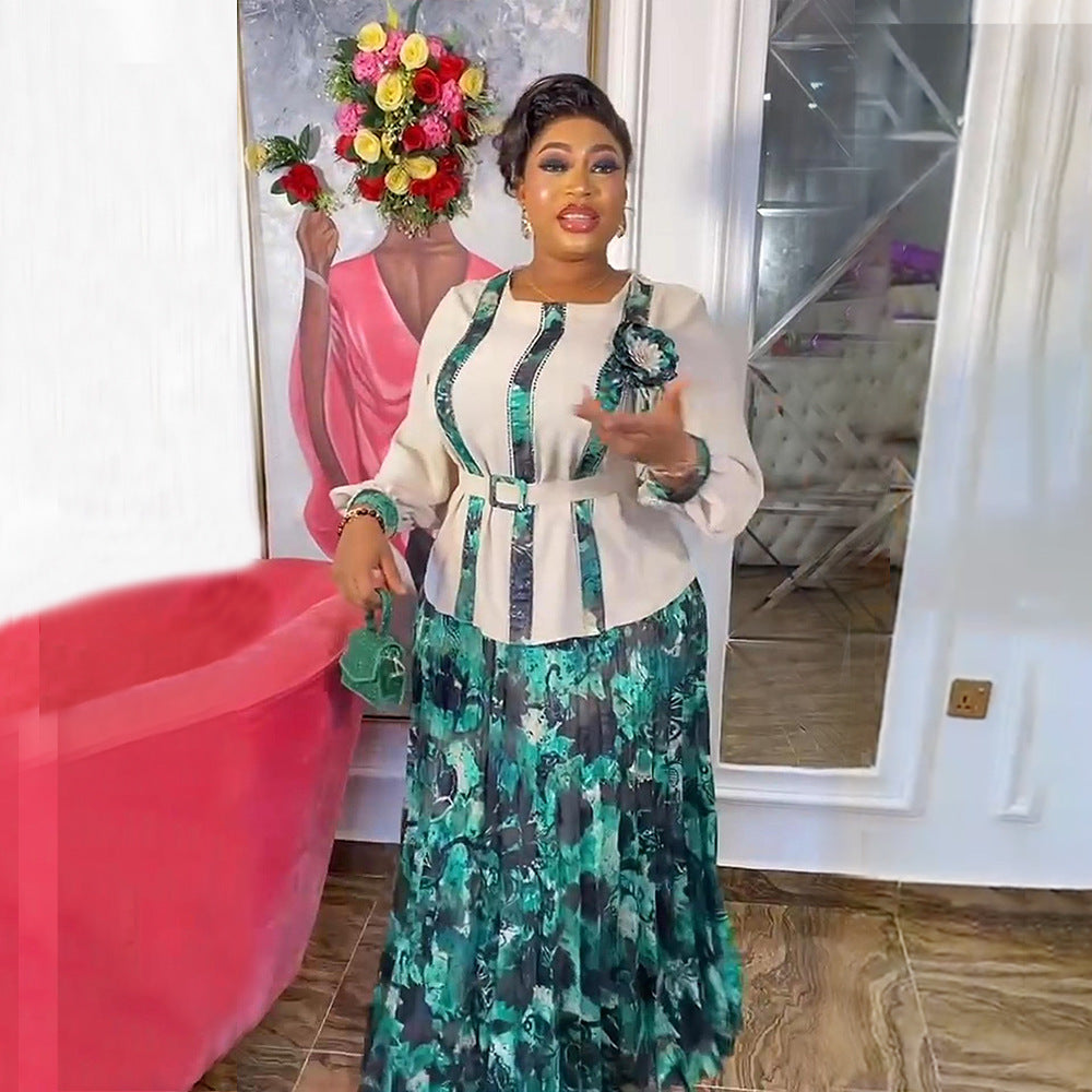 LADIES PLUS SIZE TWO PIECE SKIRT & TOP SET LIGHT BLUE / PINK / TURQUOISE GREEN / DARK BLUE / ORANGE-YELLOW (SIZE L - 3XL)