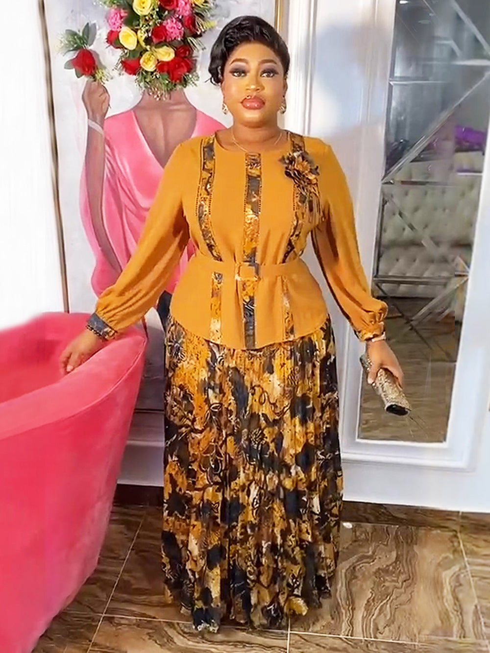 LADIES PLUS SIZE TWO PIECE SKIRT & TOP SET LIGHT BLUE / PINK / TURQUOISE GREEN / DARK BLUE / ORANGE-YELLOW (SIZE L - 3XL)