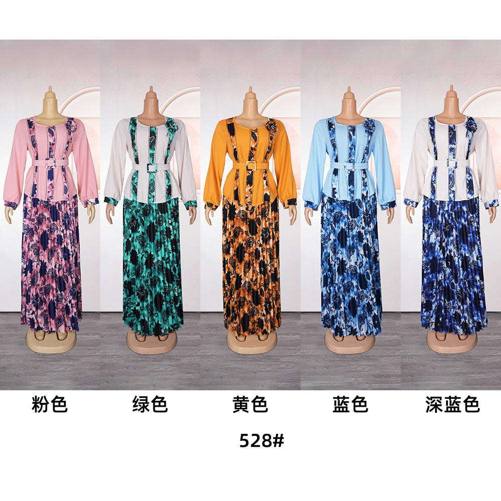 LADIES PLUS SIZE TWO PIECE SKIRT & TOP SET LIGHT BLUE / PINK / TURQUOISE GREEN / DARK BLUE / ORANGE-YELLOW (SIZE L - 3XL)