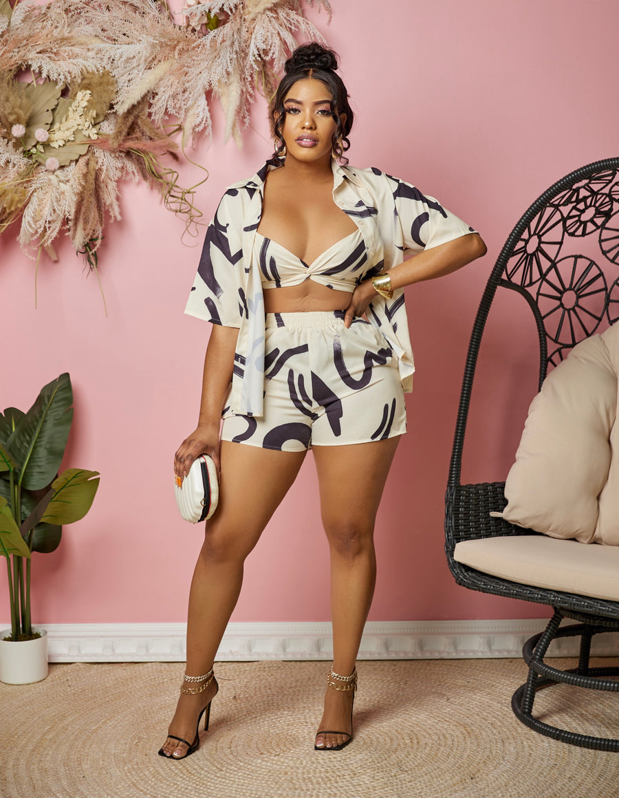 LADIES PLUS SIZE THREE PIECE SHORTS SET BEIGE (SIZE XL - 5XL)