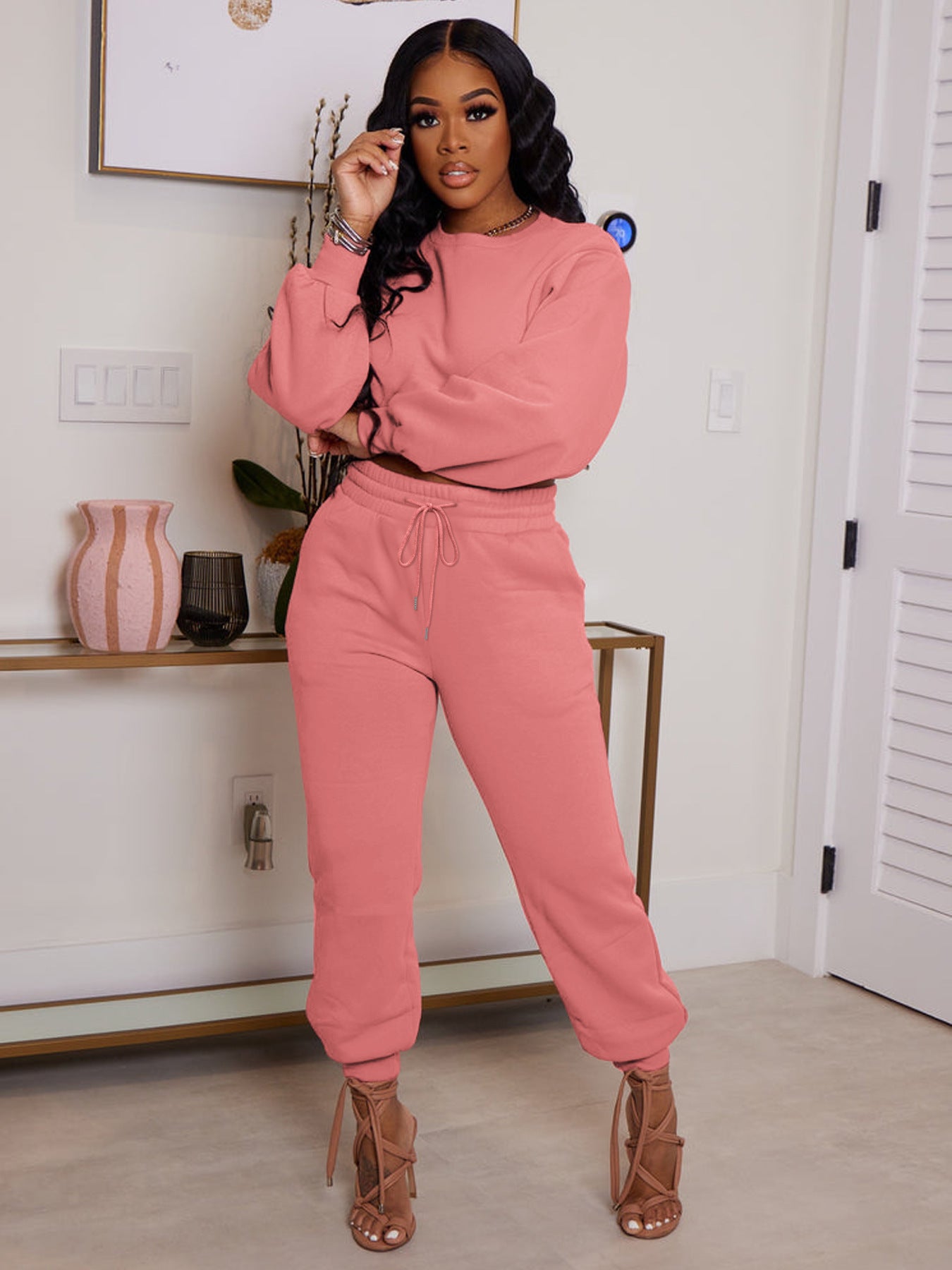 LADIES PLUS SIZE TWO PIECE PANTS SET PEACH PINK / DARK BLUE / BLUE (SIZE XL - 5XL)