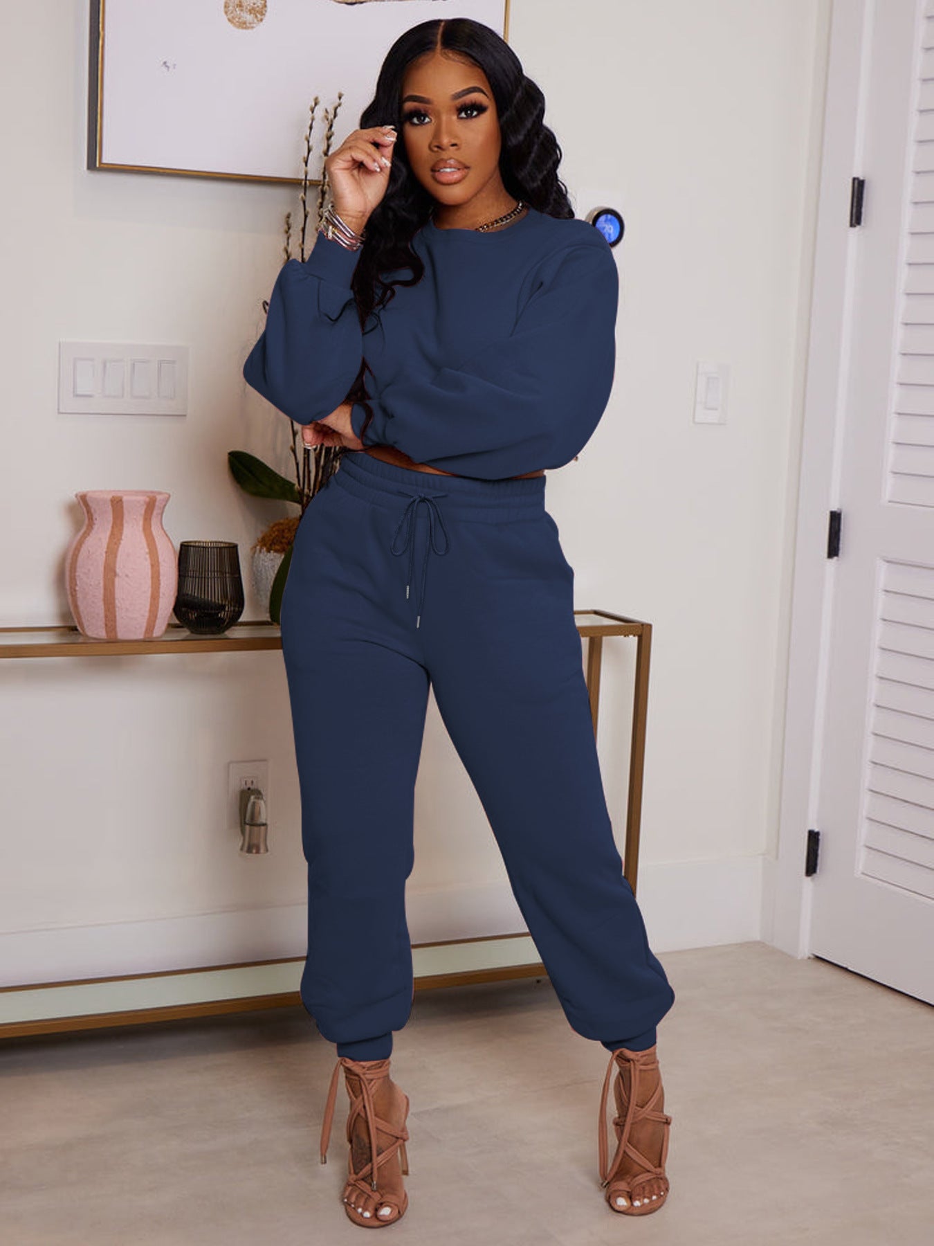 LADIES PLUS SIZE TWO PIECE PANTS SET PEACH PINK / DARK BLUE / BLUE (SIZE XL - 5XL)
