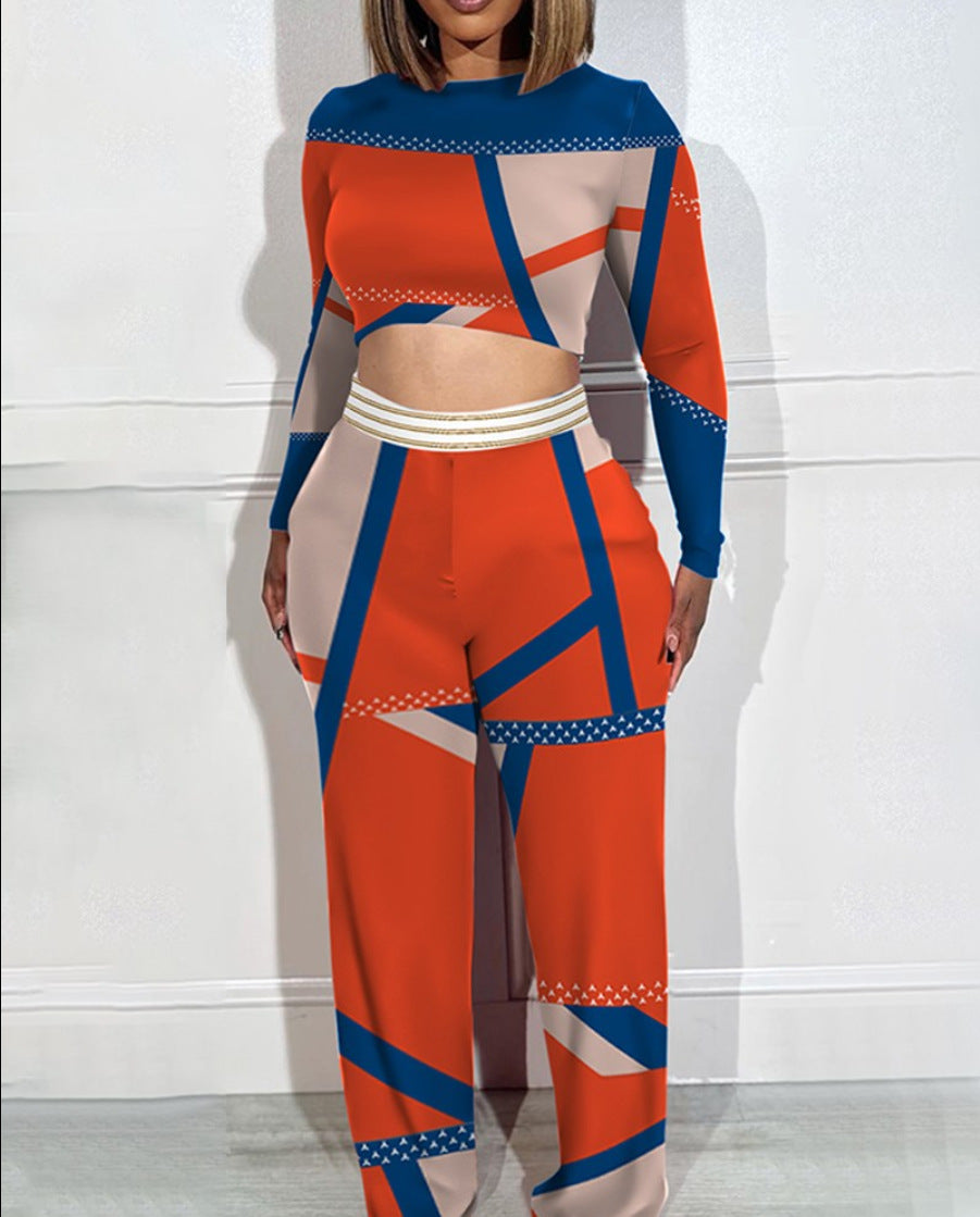 LADIES PLUS SIZE TWO PIECE PANTS & TOP SET GRAY / KHAKI / ORANGE (SIZE XL - 5XL)