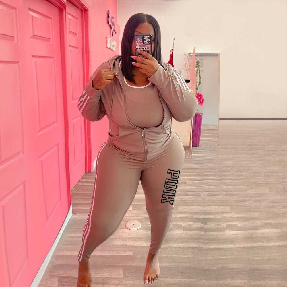 LADIES PLUS SIZE TWO PIECE TRACKSUIT GRAY / BLACK / YELLOW-BEIGE (SIZE XL - 5XL)