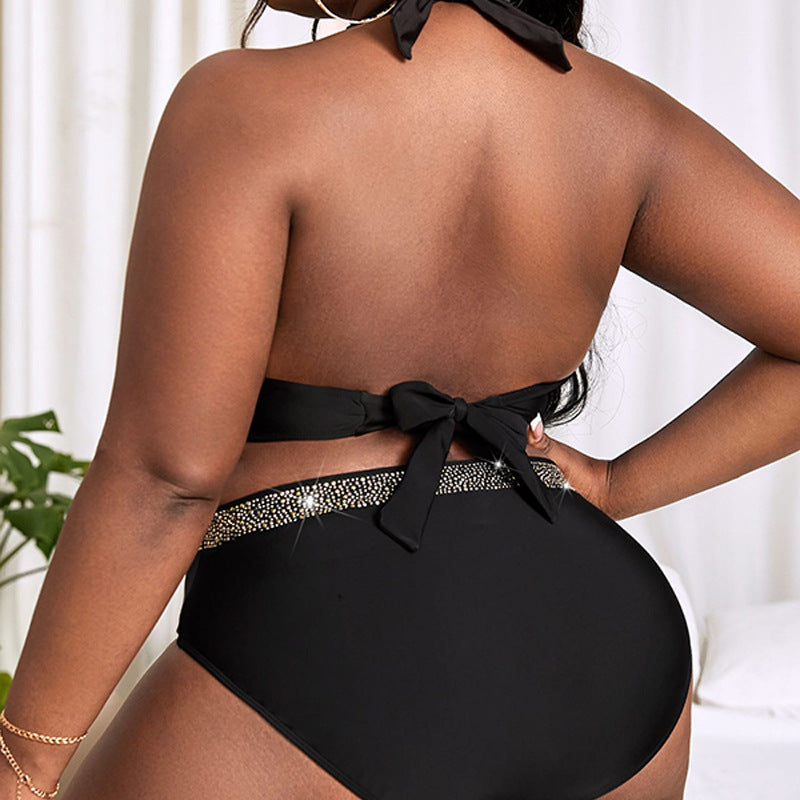LADIES PLUS SIZE TWO PIECE HIGH WAIST BIKINI SWIMWEAR BLACK (SIZE L - 4XL)