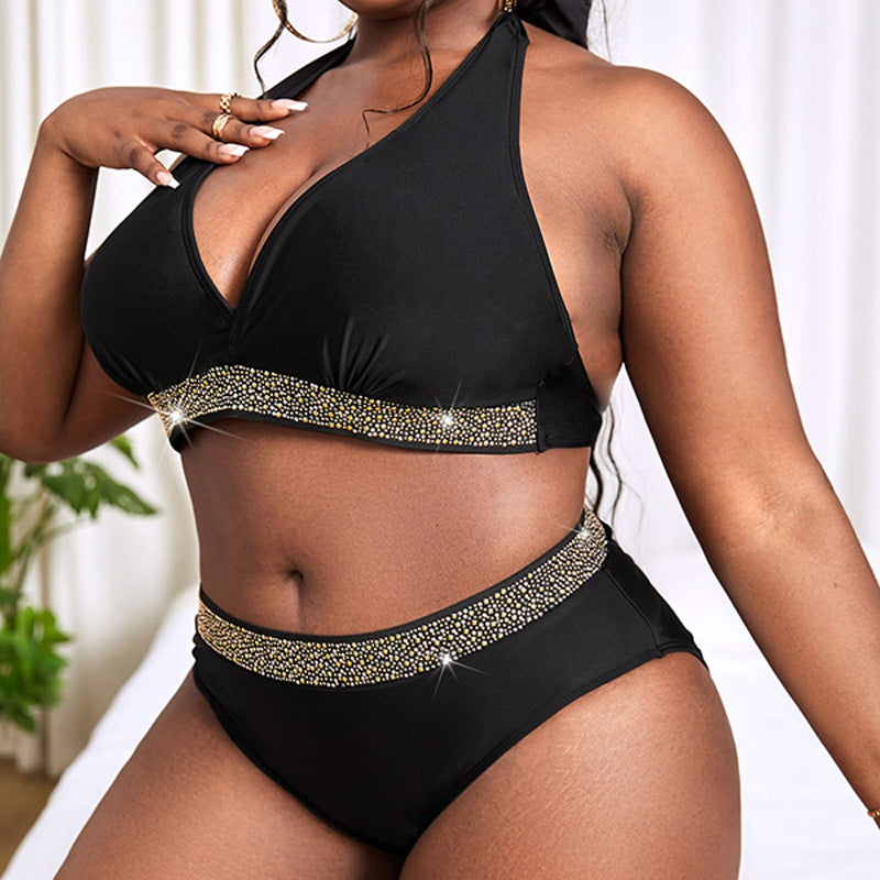LADIES PLUS SIZE TWO PIECE HIGH WAIST BIKINI SWIMWEAR BLACK (SIZE L - 4XL)