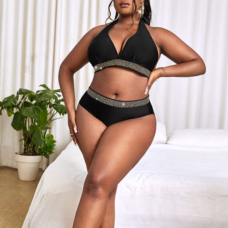 LADIES PLUS SIZE TWO PIECE HIGH WAIST BIKINI SWIMWEAR BLACK (SIZE L - 4XL)