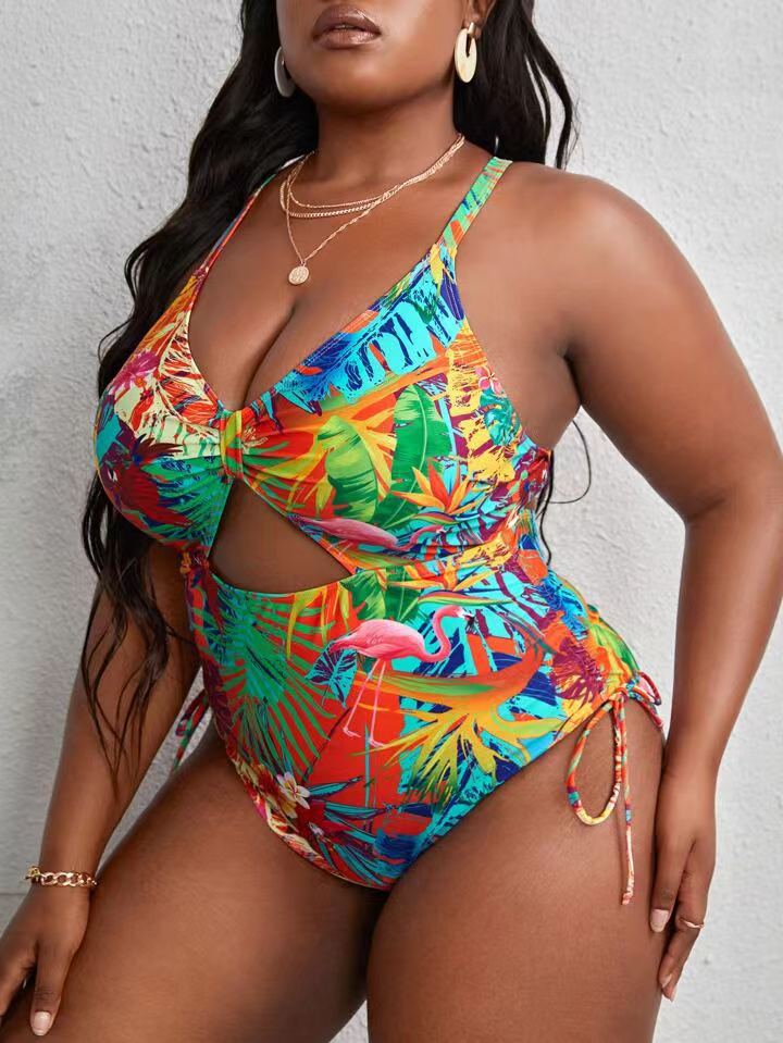 LADIES PLUS SIZE ONE PIECE LACE UP SWIMSUIT ORANGE / PURPLE (SIZE L - 4XL)