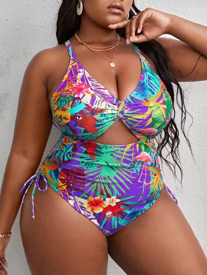 LADIES PLUS SIZE ONE PIECE LACE UP SWIMSUIT ORANGE / PURPLE (SIZE L - 4XL)