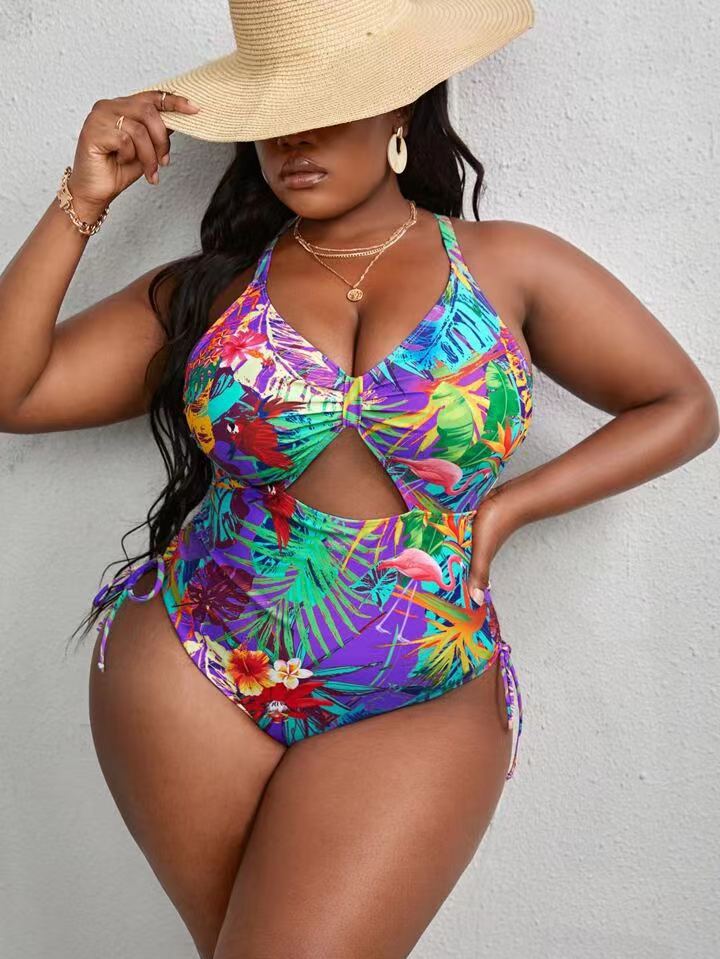 LADIES PLUS SIZE ONE PIECE LACE UP SWIMSUIT ORANGE / PURPLE (SIZE L - 4XL)